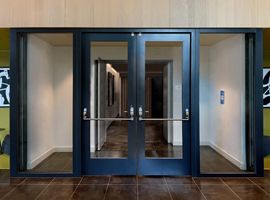 Fire-rated glass doors and glass partitioned windows