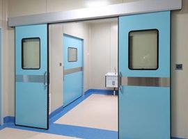 Automatic steel sliding door at a hospital entrance