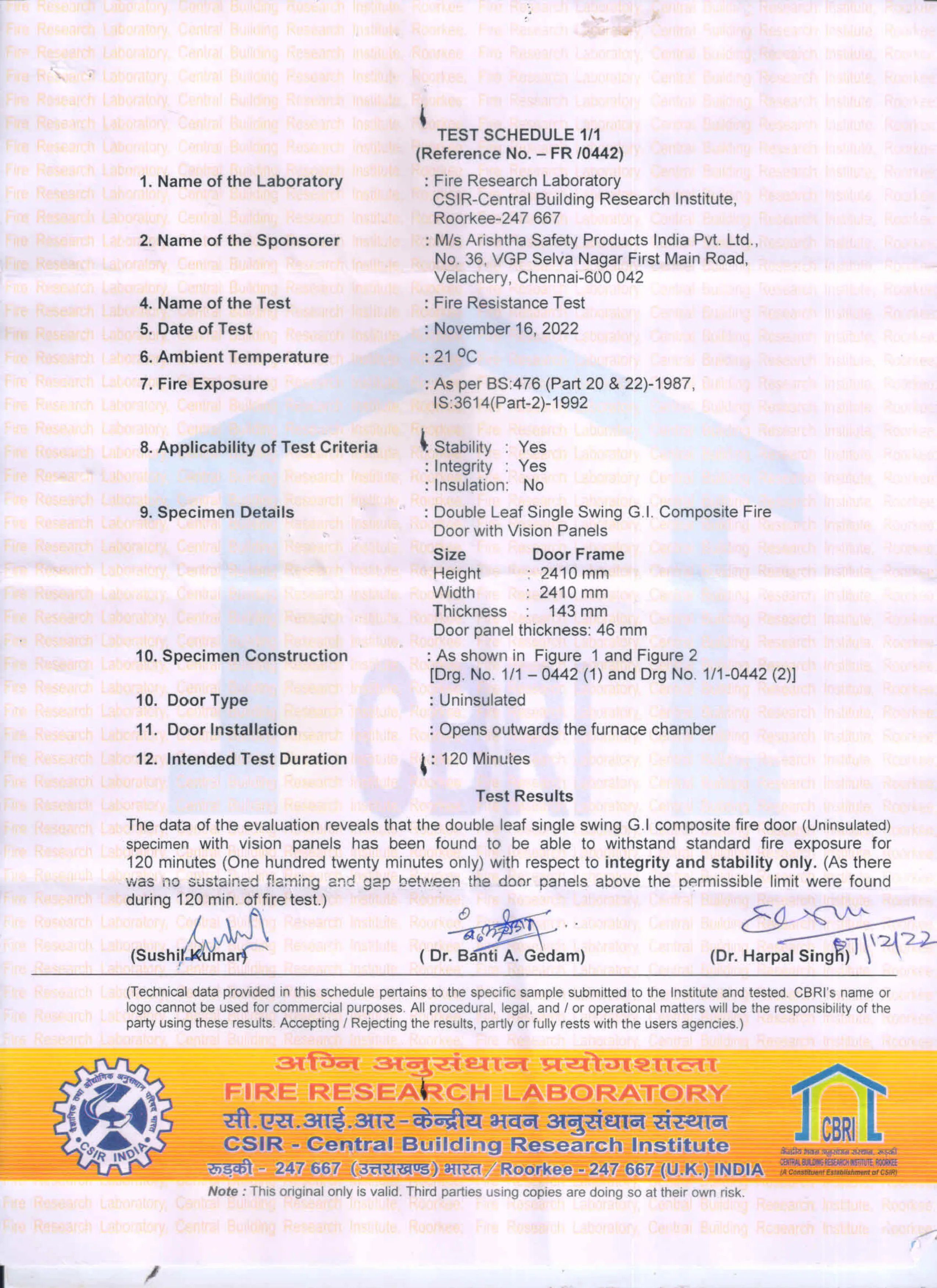 CBRi Fire door Test Certified