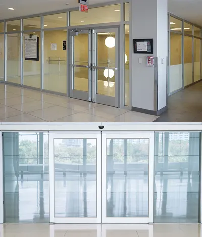 Pyrobel-T glass fire doors for improved natural light and fire safety compliance in a commercial building